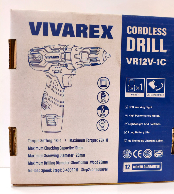 دریل پیچ گوشتی شارژی ۱۲ ولت ویوارکس مدل VR12V-1C به همراه باتری و شارژر