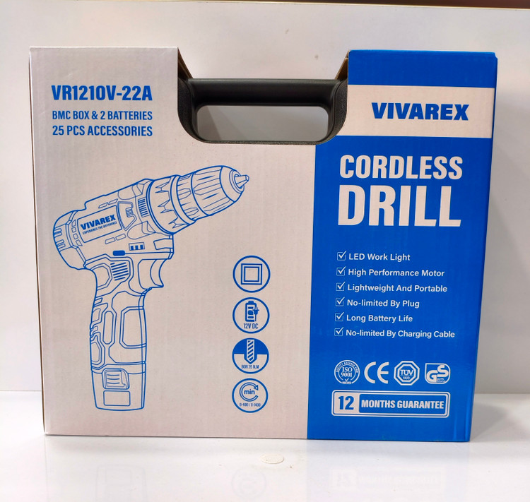 دریل پیچ گوشتی شارژی ۱۲ ولت ویوارکس مدل VR1210V-22A (به همراه ۲ باتری، کیف BMC و ۲۵ پارچه لوازم)