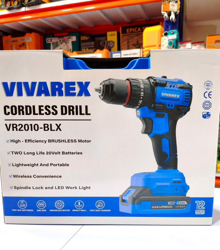 دریل پیچگوشتی شارژی چکشی ویوارکس ۲۰ ولت موتور براشلس مدل VR2010-BLX (پک کامل دو باتری ۲ آمپر)